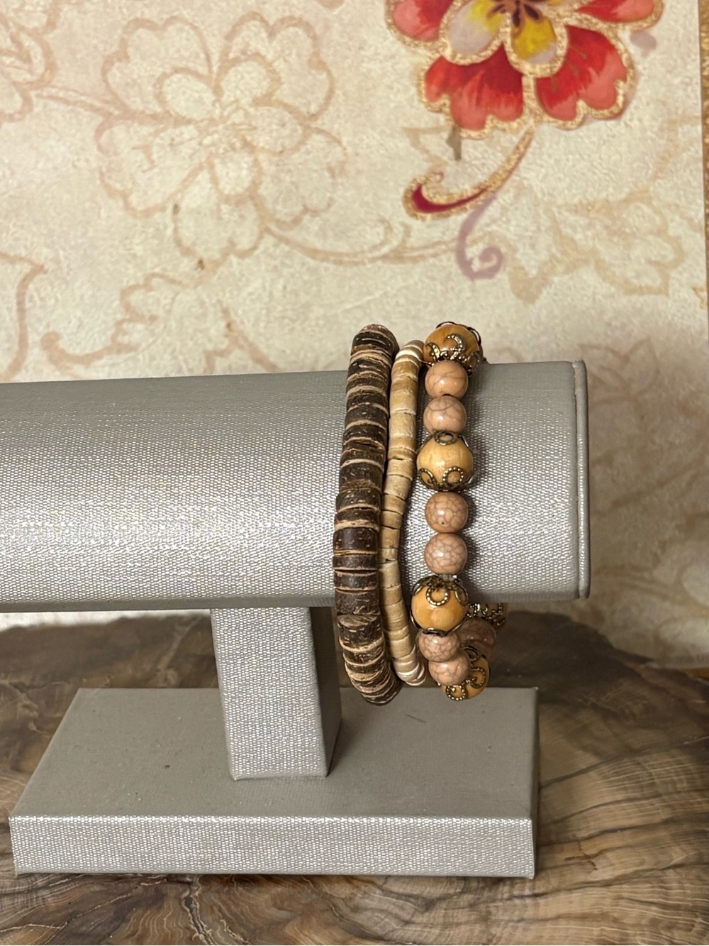Hand Crafted Neutral Wood & Tan Bead Stackable Bracelet Set